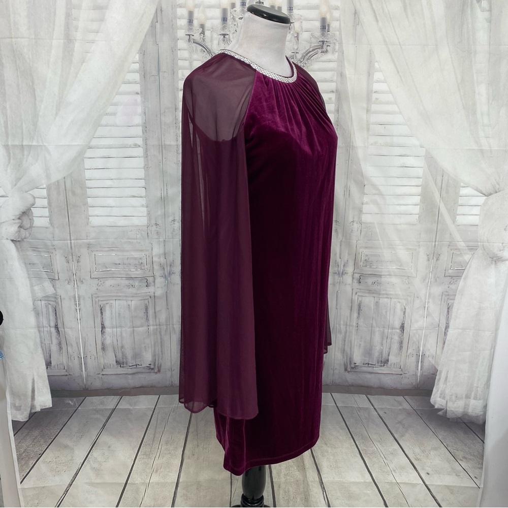 NWT R&M Richards Size 8 Plum Purple Rhinestone Cape Sleeve Sheath Dress Chiffon - Picture 10 of 15